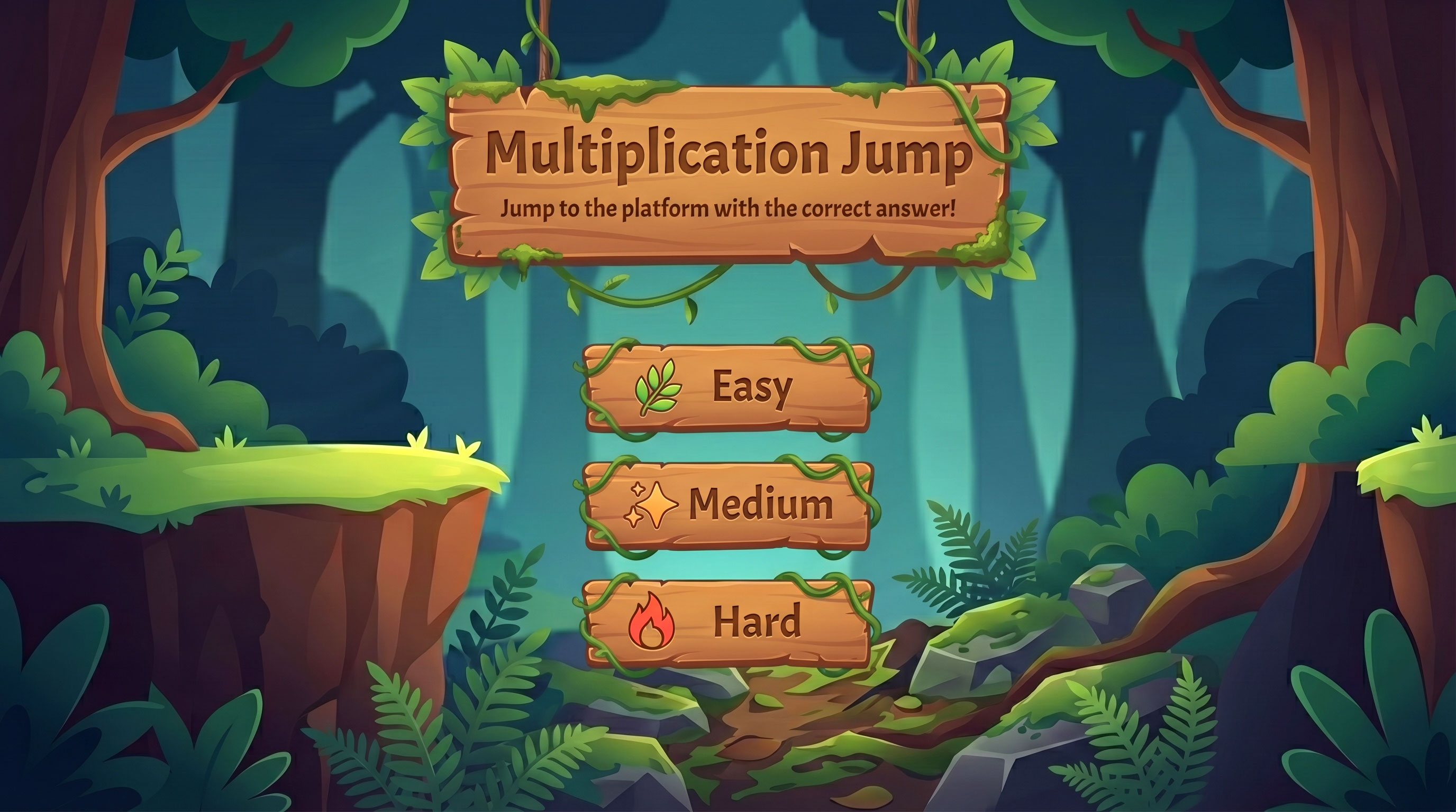 Multiply Forest start screen showing a mystical forest with floating platforms