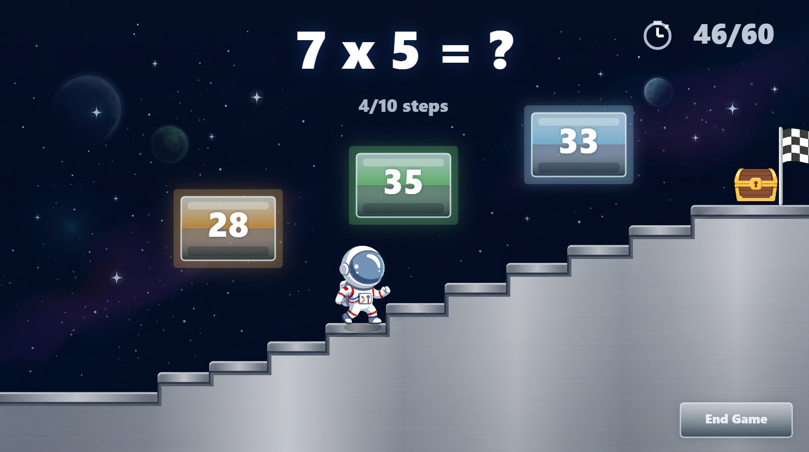 Space Mission gameplay showing an astronaut on a lunar surface with multiplication questions
